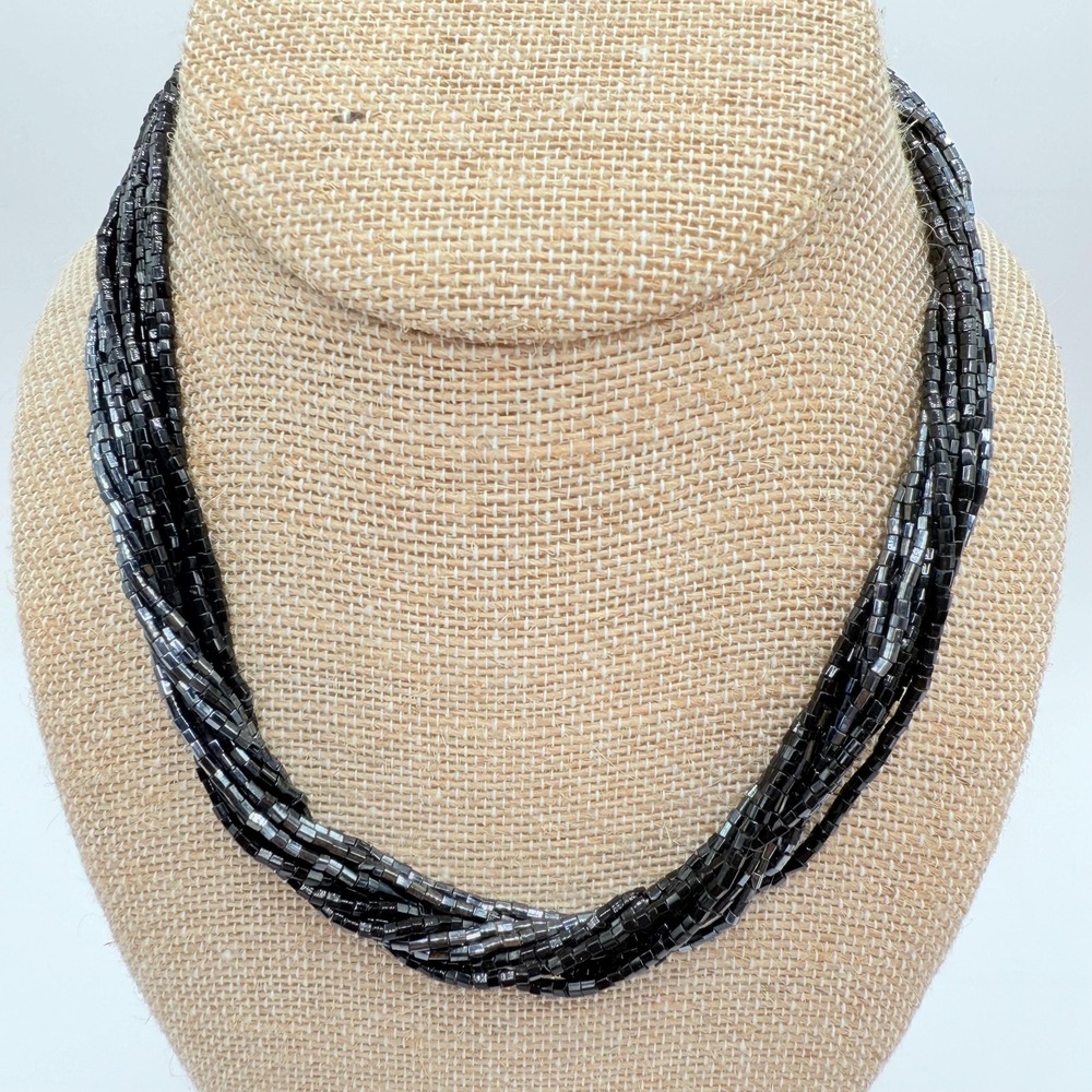 Vintage 15.5" Multi Strand Shiny Black Seed Bead Princess Length Necklace